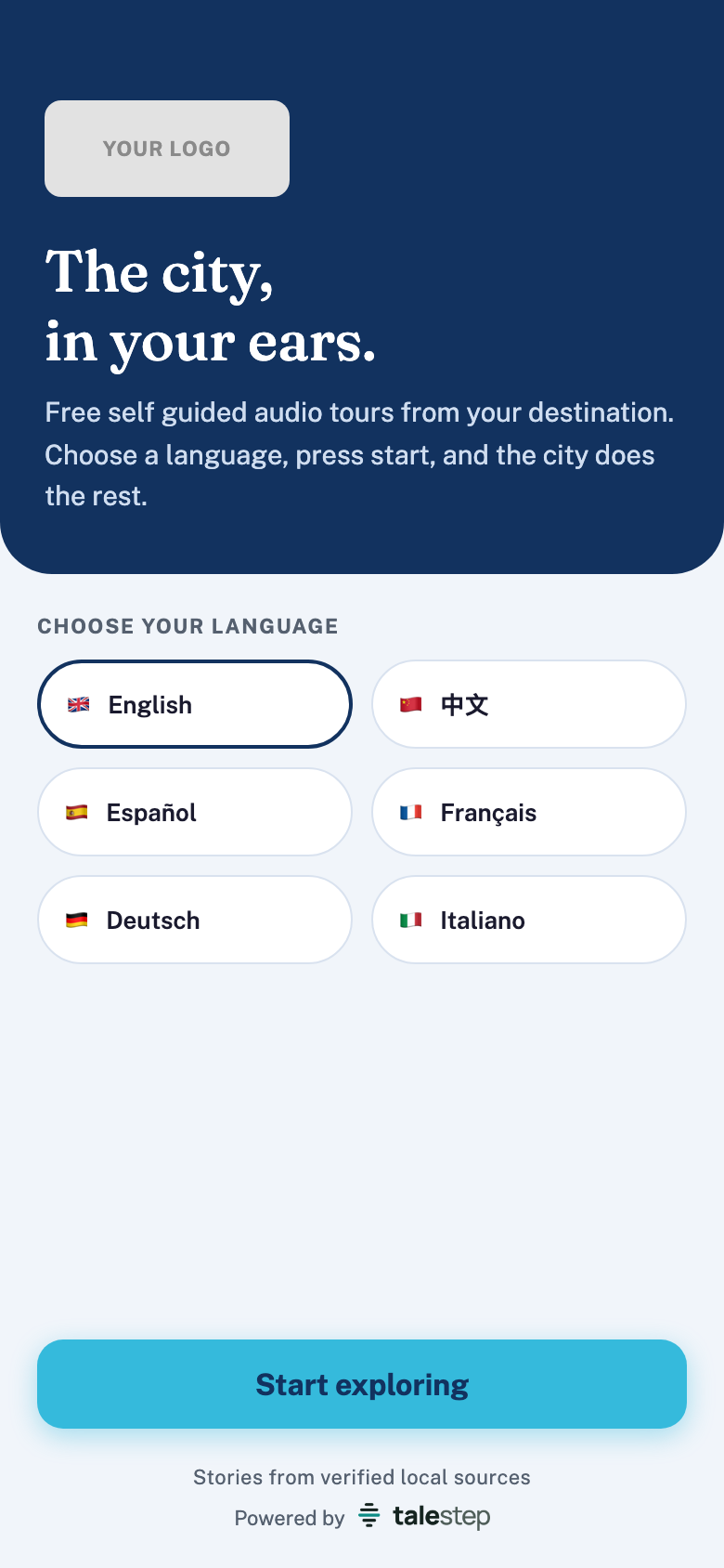 The Talestep visitor app language chooser, the first screen a visitor sees after scanning the code
