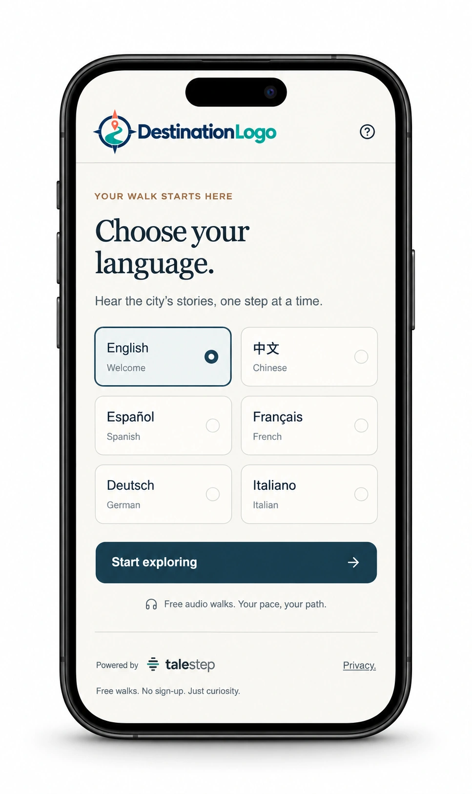 The Talestep visitor app language chooser, the first screen a visitor sees after scanning the code