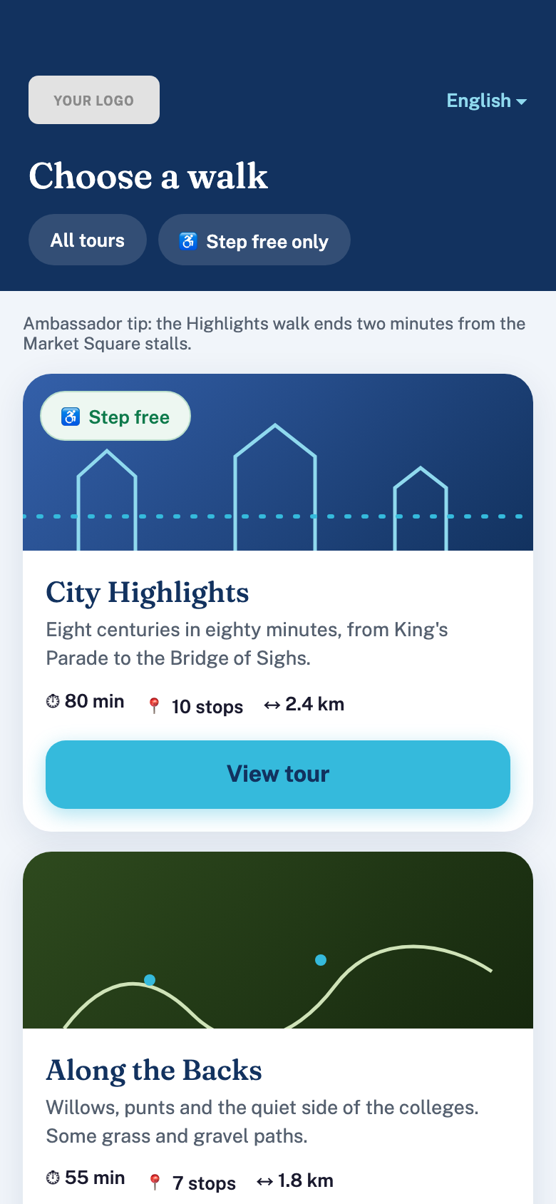 The tour catalogue, showing available walks with their length, distance and step free status