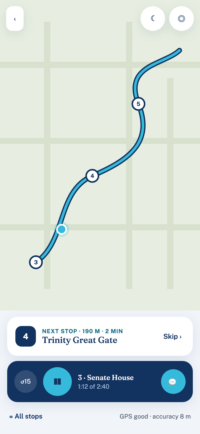 An active tour in progress, showing the route map and the next stop approaching
