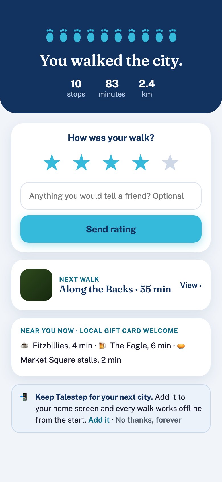 The completion screen after finishing a walk, with a rating prompt and a nearby independent trader