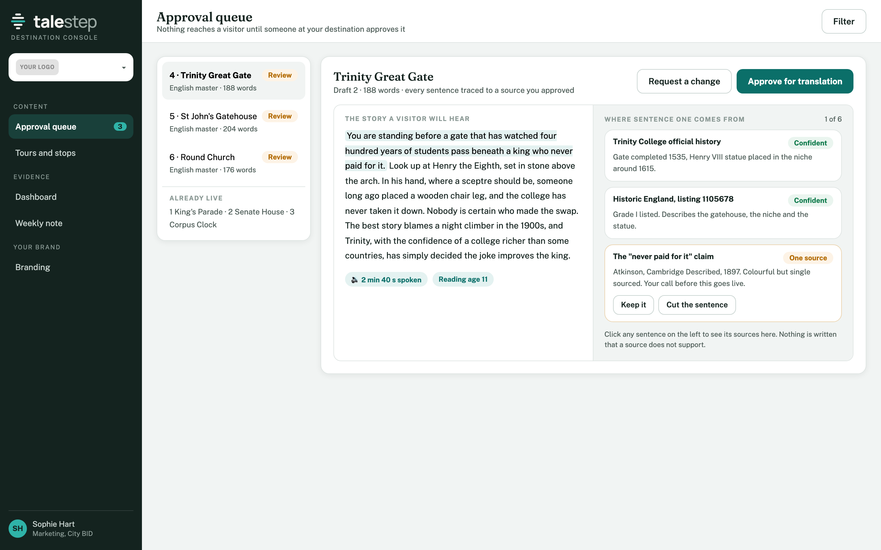 The approval queue, showing a draft script with every sentence traced back to its source