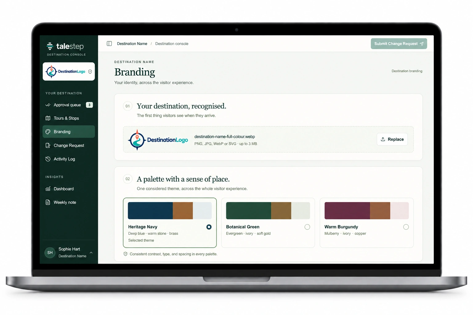 The branding screen, with a logo, a colour palette and the welcome message a visitor reads first