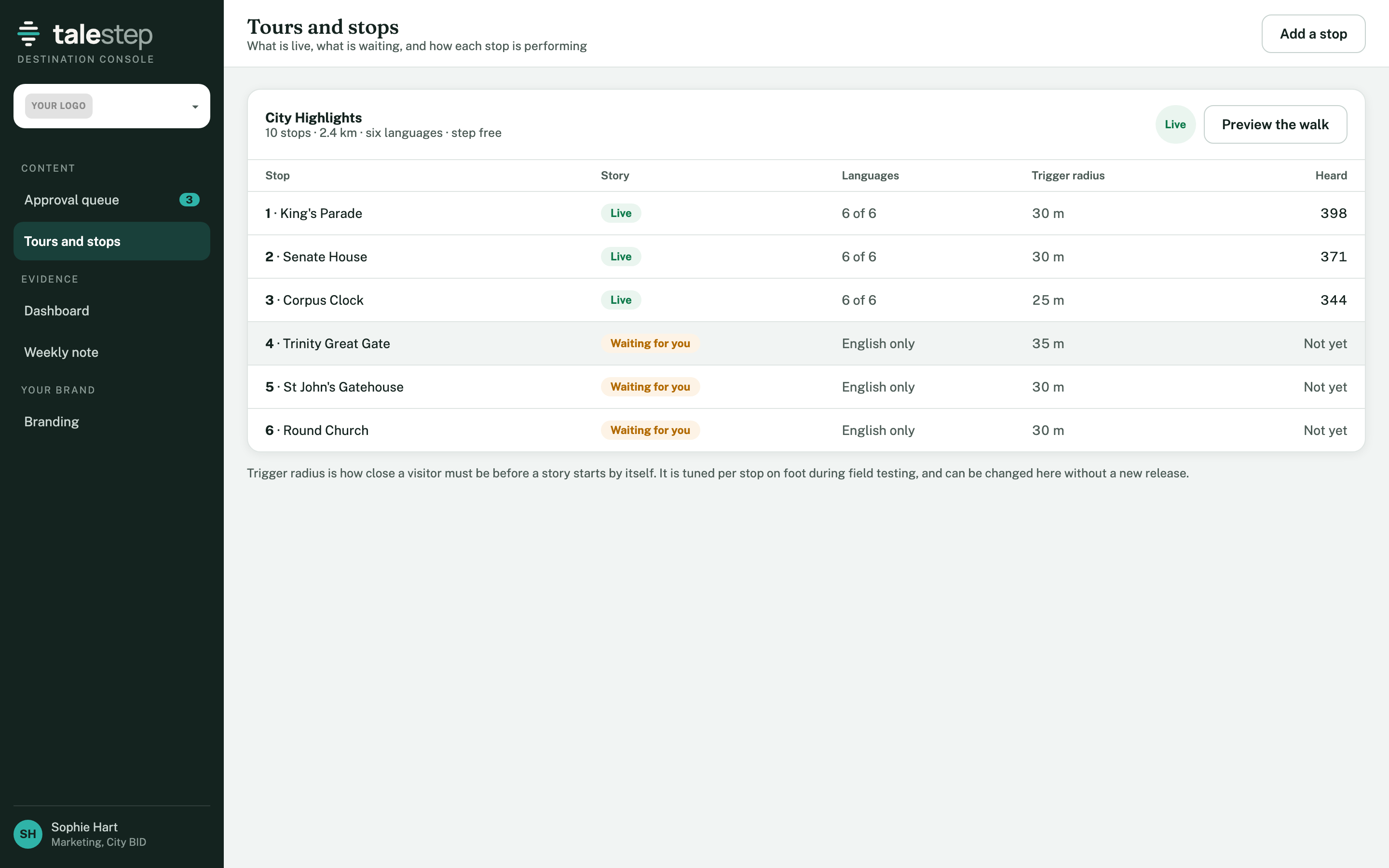 The tours and stops screen, listing every stop, its trigger radius and how many visitors have heard it
