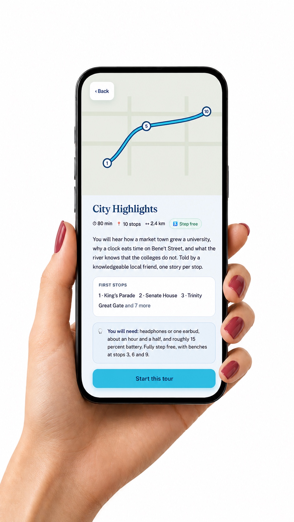 A hand holding a phone showing the Talestep visitor app, with a walking route mapped out and its first stops listed below